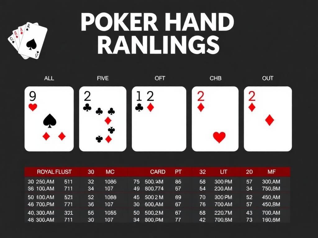 Chart showing poker hand rankings from strongest to weakest with illustrated examples