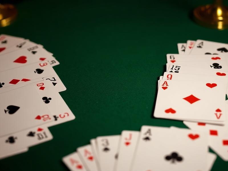 Colorful poker cards with poker chips on a green table